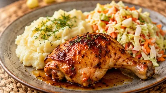 Pieczone udko z puree i kremową surówką