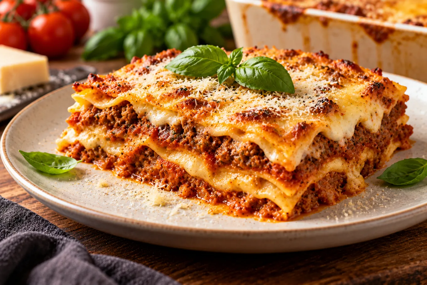 Upieczona porcja lasagne z bolognese, beszamelem i Parmigiano Reggiano