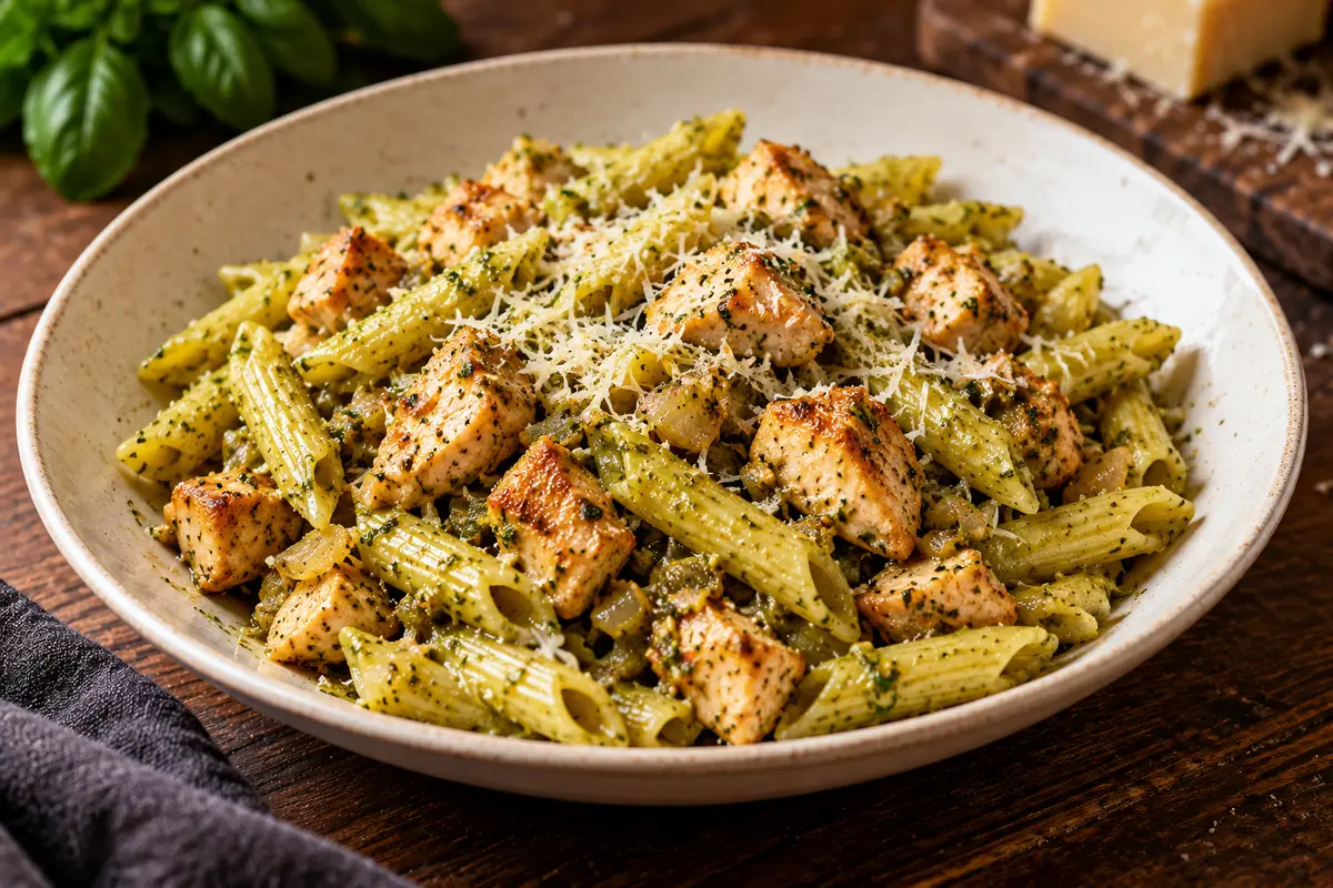 Penne z zielonym pesto, kurczakiem i parmezanem