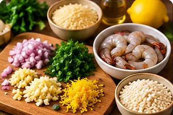 Risotto z krewetkami – etap 1: 01. Przygotowanie składników