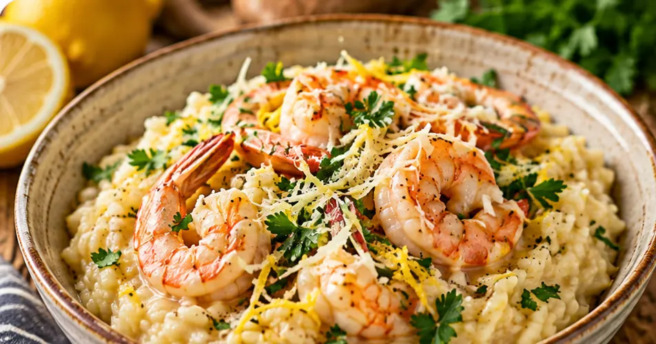 Kremowe risotto z krewetkami, parmezanem i cytryną