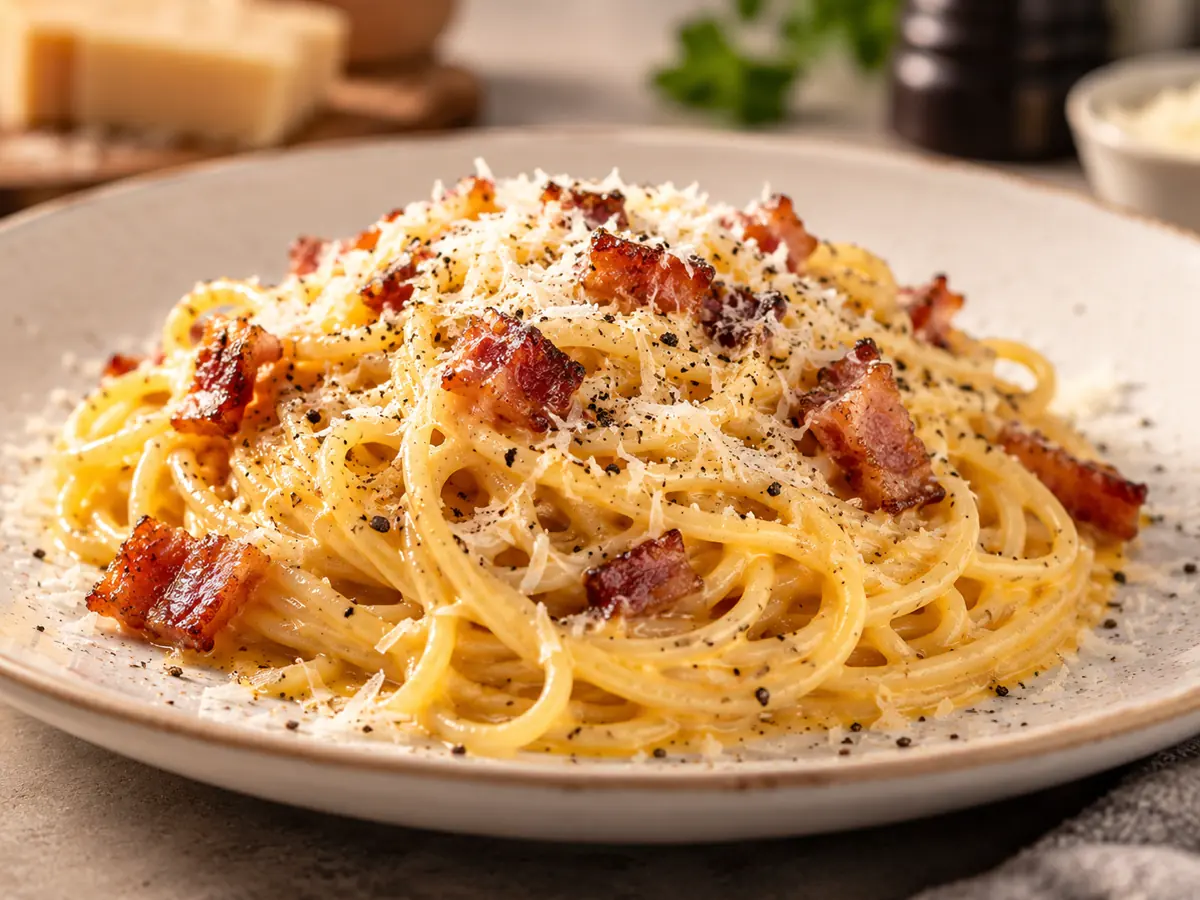 Spaghetti carbonara z wędzonym boczkiem i Pecorino Romano